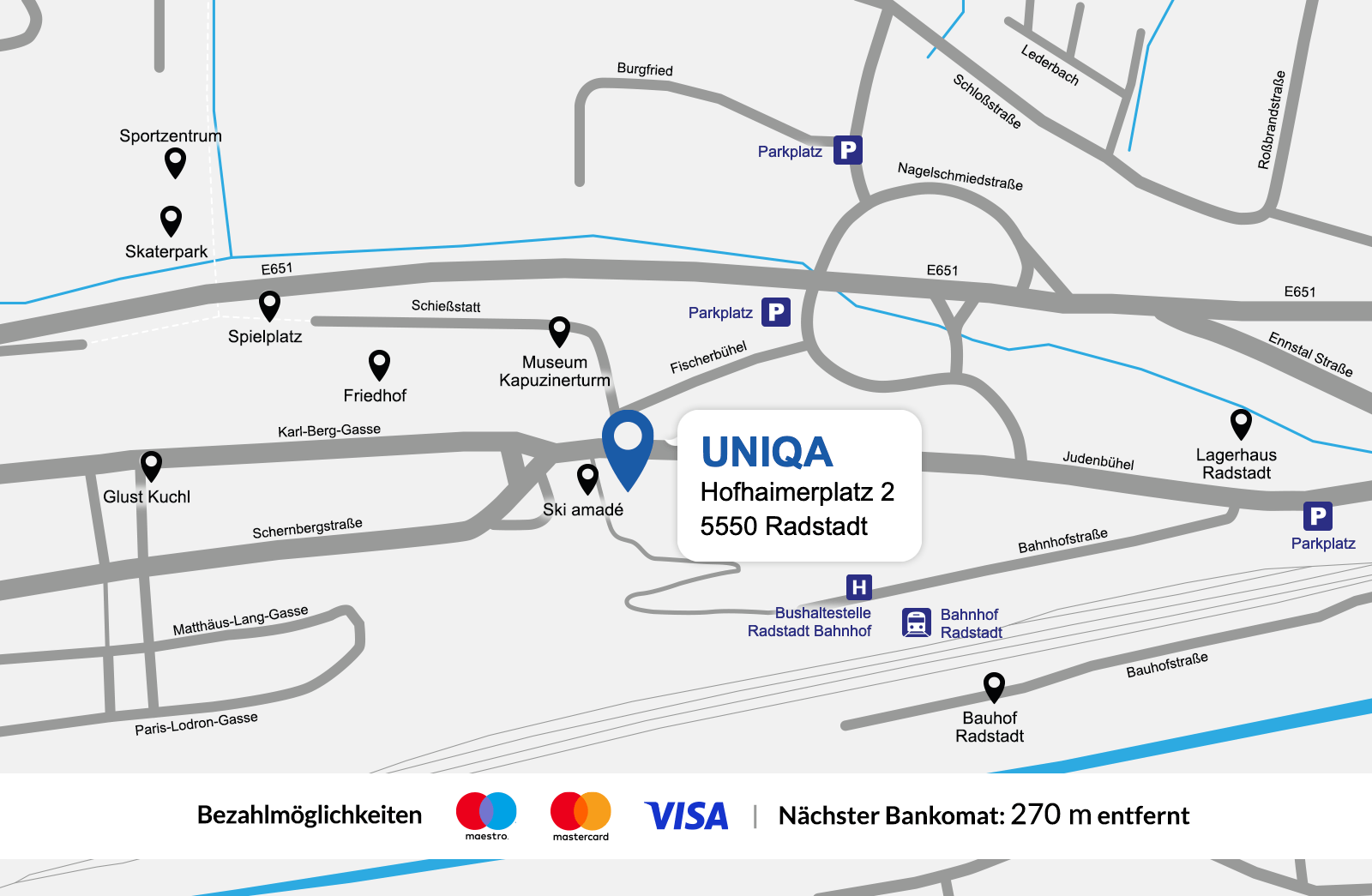 Eine Gezeichnete Karte vom Standort der UNIQA Generalagentur Mayrhofer und Walcher.